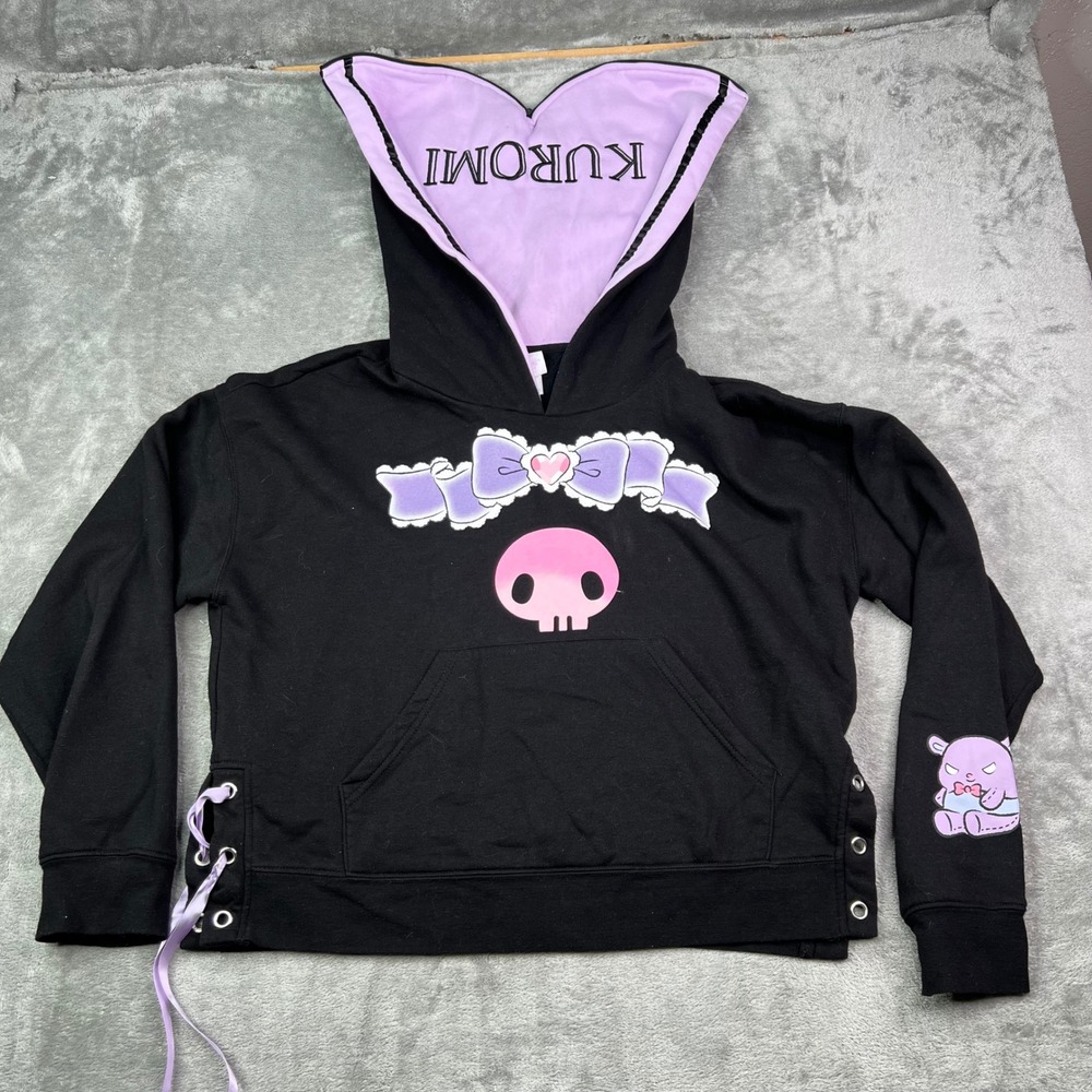 Hot Topic Kuromi Sanrio Hoodie Women XL Black Purple Lace Up Split Hood Pullover